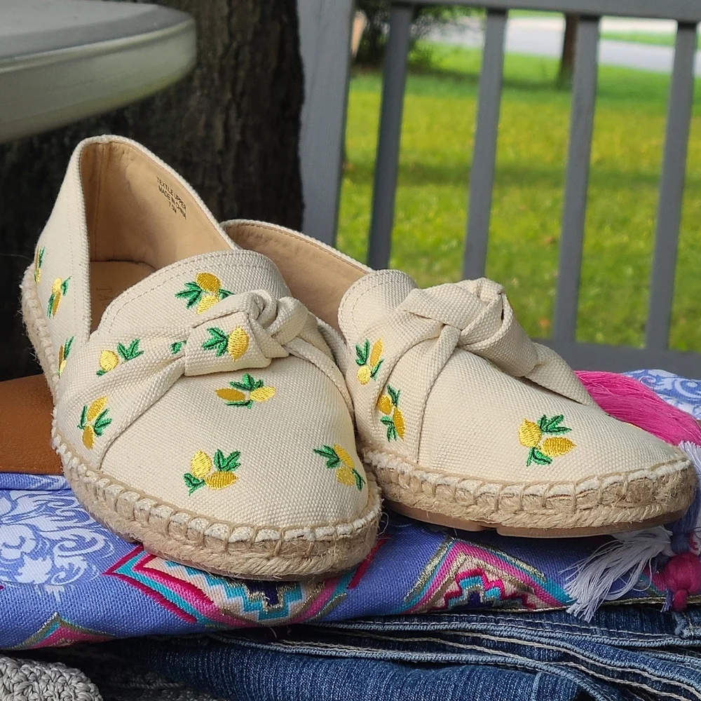 Talbots Lemon Embroidered Espadrille Flats Izzy Lemon Knotted Canvas Espadrilles